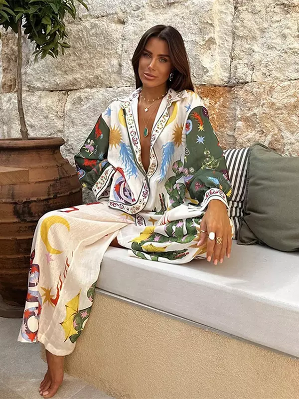 Print Shirt Pant Two Piece Sets Women Loose Lapel Long Sleeve Single Breasted Top High Waist Wide Leg Pants Suit 2024 Lady Suits