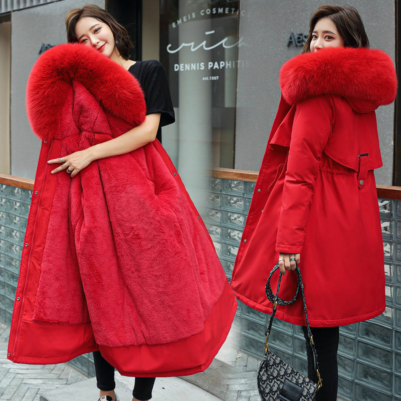 Jaket Parka wanita Korea, mantel Parka bulu ukuran besar, jaket katun hangat musim dingin 2023