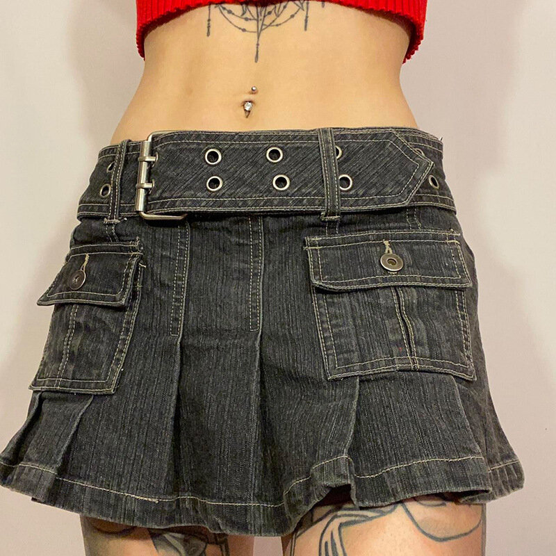 2024 New Popular Women's Short Skirt Youth Sexy Belt Pocket Elastic Half Body Denim Pleated Dress Children High Waist Shorts
