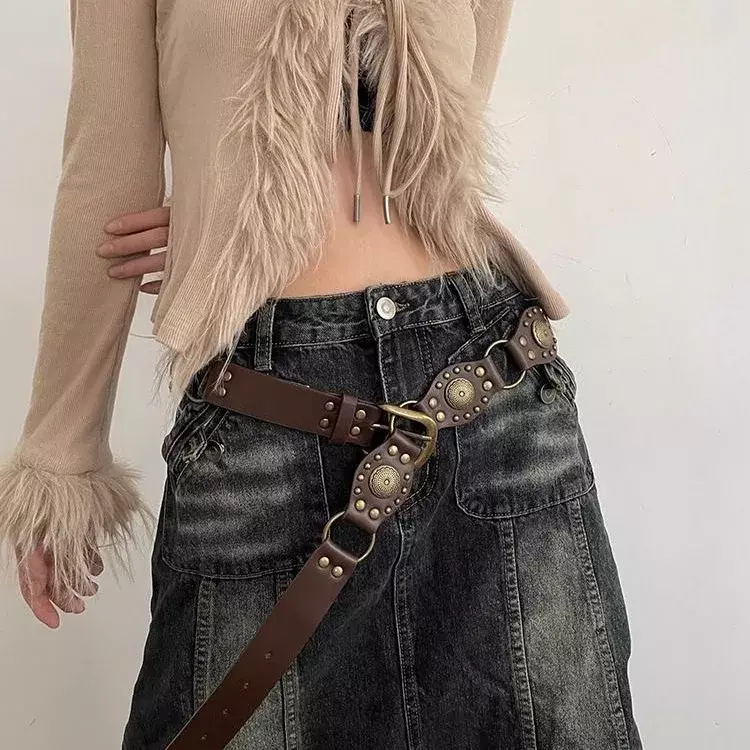 Cinturón ancho bohemio de piel sintética para mujer, cinturón ancho Vintage Y2k con remaches, diseño de disco, moda de semitbody, regalo de cadena ancha