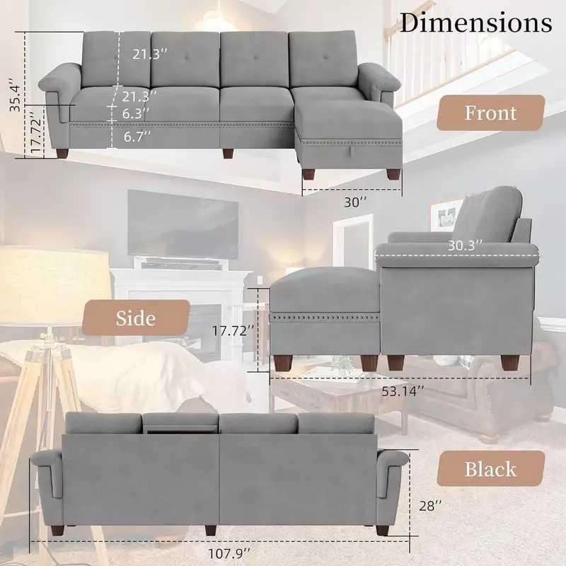 Секционный диван-трансформер с реверсивным кушеткой и подставкой для чашек, 4-х местный диван, L-образный диван