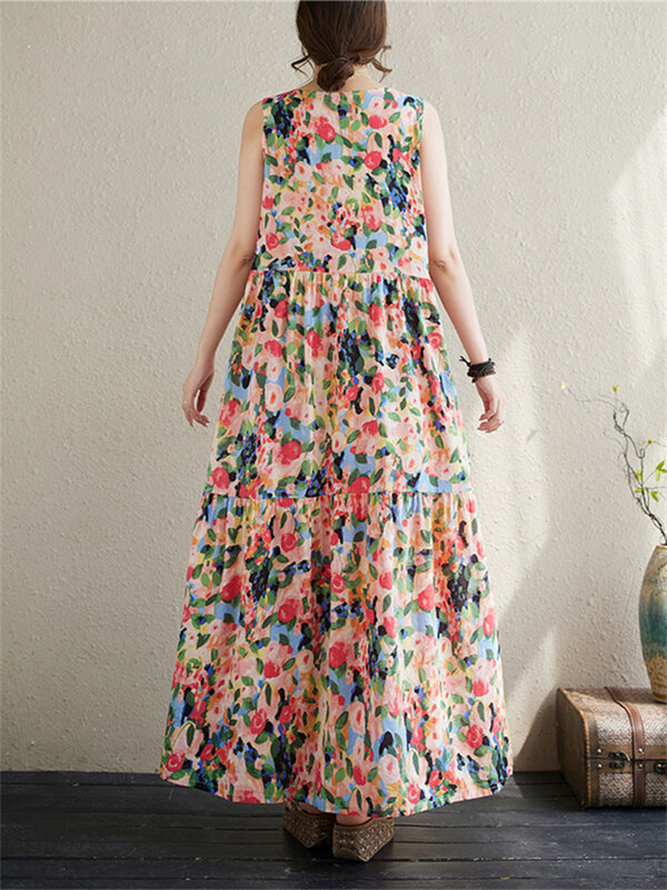 Baumwolle ärmellose Vintage-Print Kleider für Frauen 2024 neue Sommer lässig lose lange Kleid Femme Robe Vestidos Mode Kleidung