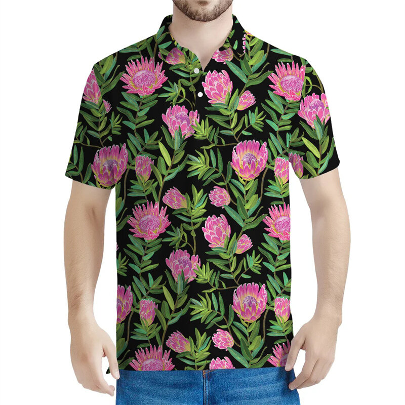Protea Flower Pattern Polo Shirts For Men 3D Printed Floral Tees Casual Street Button Polo Shirt Summer Lapel Short Sleeves