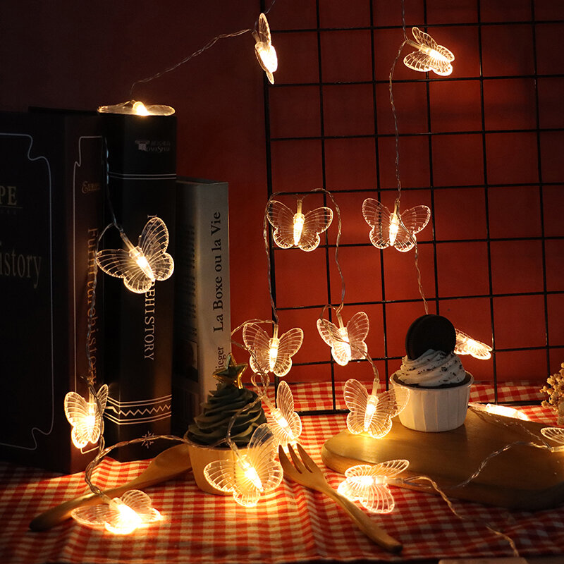 Guirnalda de luces LED con forma de mariposa para decoración de dormitorio de niños, cortina de luces para exteriores, boda, Navidad, 20LED