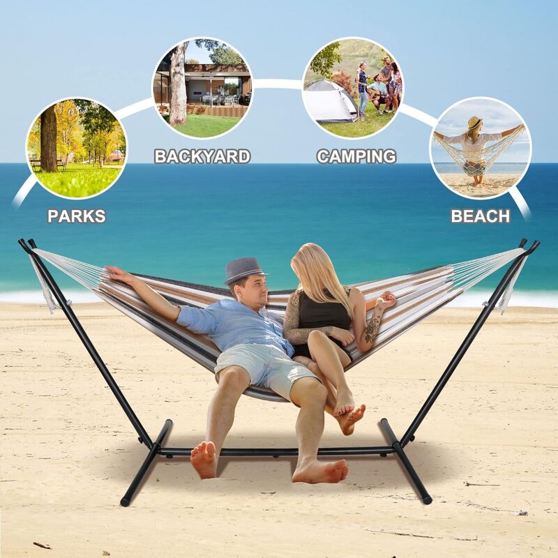 Double Hammock with 9FT Space Saving Steel Stand Set 620 lbs Capacity Portable 2 Person Adjustable Hammock Bed