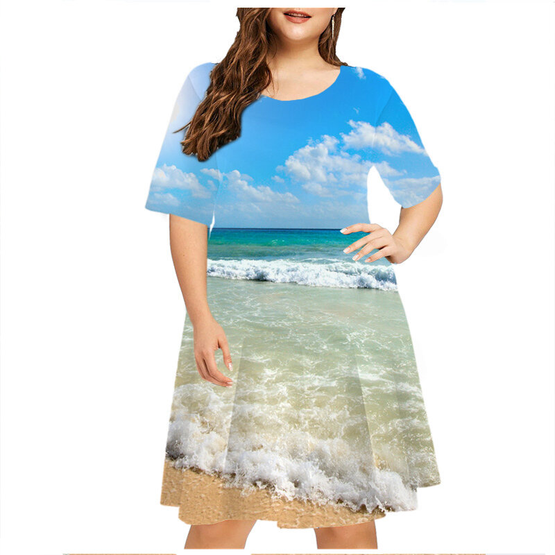 فستان صيفي طبيعي لحفلات الشاطئ بمقاسات كبيرة للنساء مطبوع عليه مناظر طبيعية فستان فضفاض بأكمام قصيرة غير رسمي برقبة دائرية 6XL