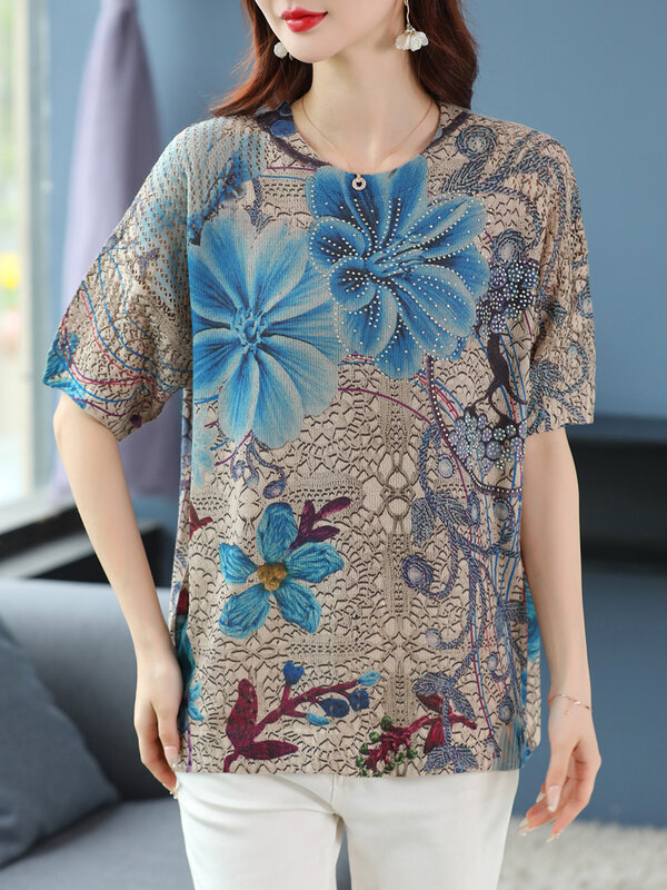 Bloemenprint Holle Gebreide T-Shirt Vrouwen 2024 Zomerkleding Voor Vrouwen Pullovers Tees Top Y 2K Losse Dames T-Shirt