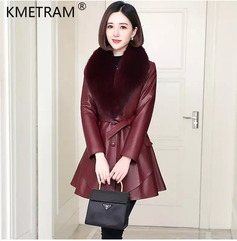 Real Sheepskin Leather Trench Coat for Women 2023 Winter Autumn Elegant Genuine Leather Jacket Warm Down Coats Fox Fur Collar
