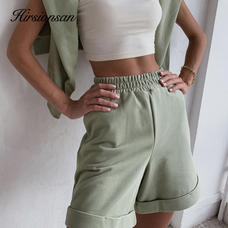 Hirsionsan-conjunto de duas peças para mulheres, camiseta de manga curta e calça de cintura alta, cor sólida, estilo casual, verão