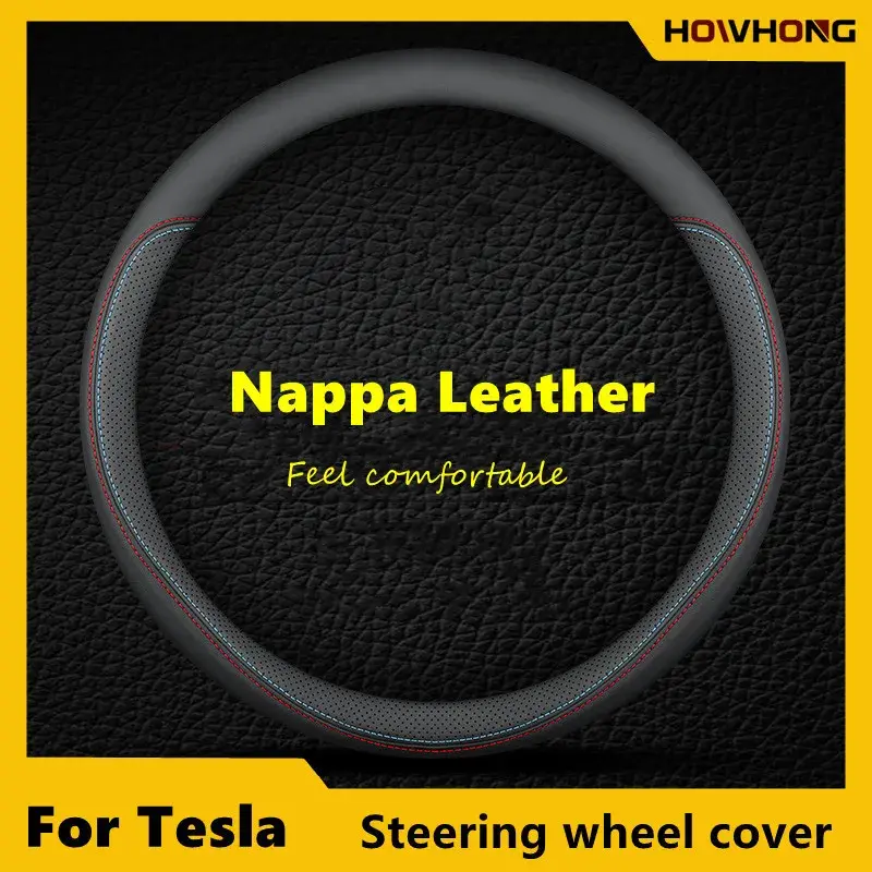 Nappa Lederen Auto Stuurhoes Voor Tesla Model 3 Y S X 2019 - 2023 4 Seizoenen 36-38 Cm Zwart Auto Interieuraccessoires