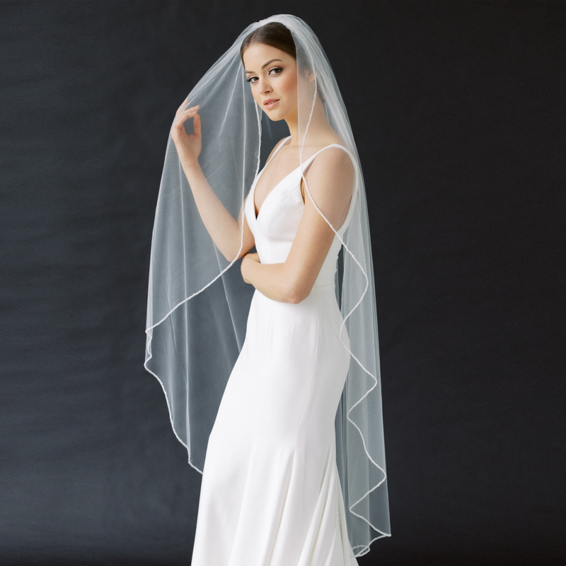 Topqueen v14 véu de casamento curto lápis borda simples véus de noiva um laye elegante rochii véu de casamento longo com pente macio único