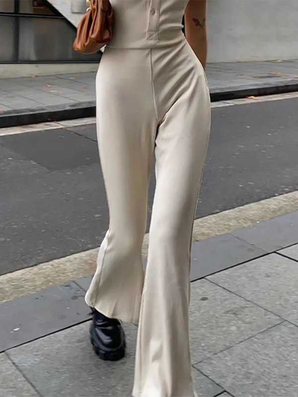 Absobe จั๊มสูทกระดุมคอเสื้อโปโลผู้หญิงแบบเปิดหลัง, เสื้อลำลองกางเกงผ้าบางกางเกงปลายบานกางเกงรอมเปอร์เดินทาง2024สตรีทแวร์