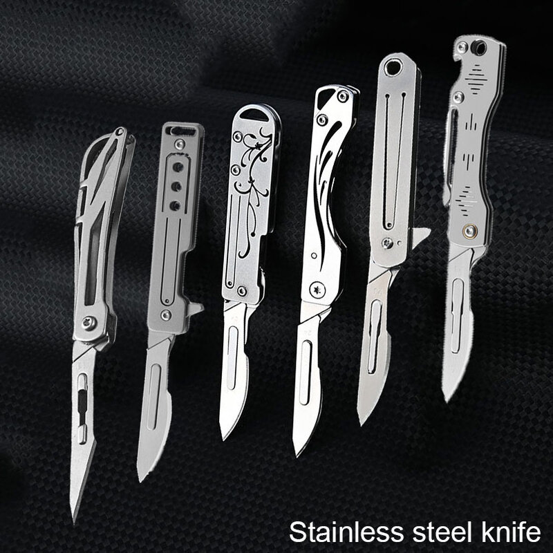 Cuchillo plegable con mango hueco, llavero EDC de acero inoxidable, cuchillo de bolsillo, herramienta quirúrgica de autodefensa, regalo, 10 cuchillas de piezas