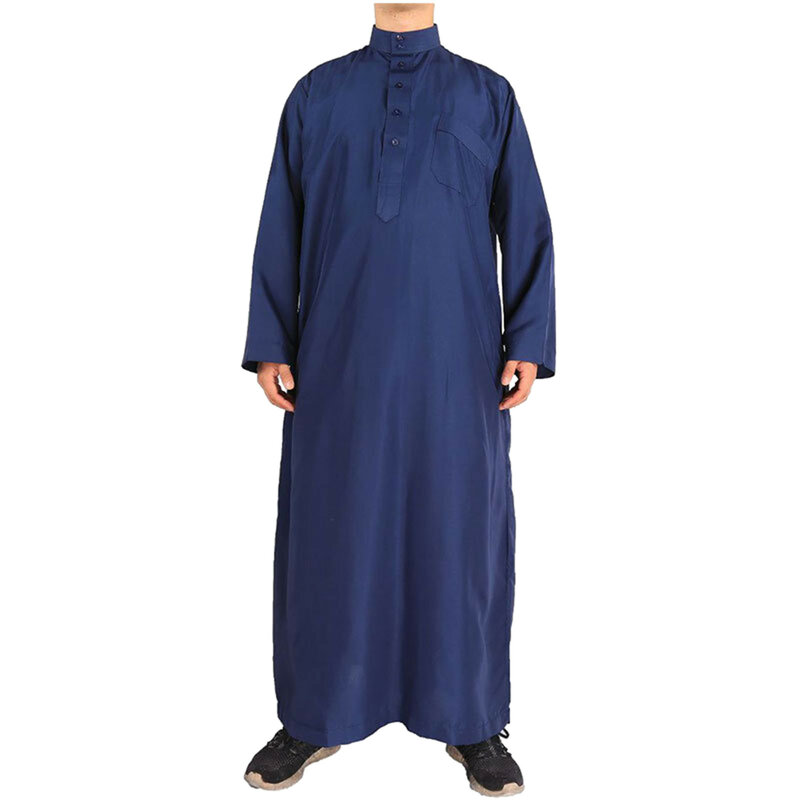 Baju Muslim lengan panjang pria, pakaian Arab kerah Crew warna Solid Kaftan Maxi Dubai panjang Muslim untuk lelaki