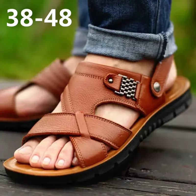 Sandalias de cuero de talla grande para hombre, zapatos clásicos de verano, zapatillas suaves, calzado romano cómodo para caminar al aire libre