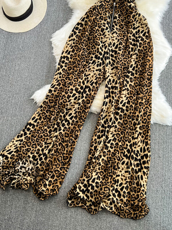 EWQ High Street Leopard Jumpsuit For Women V Neck Sleeveless Zipper High Waist Loose Clothing Fashion 2024 Summer New 27C449