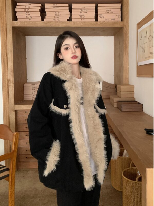 Jaket katun hitam dengan jaket katun tebal untuk wanita hangat musim dingin, pas longgar, mantel Denim wol tambal sulam panjang sedang
