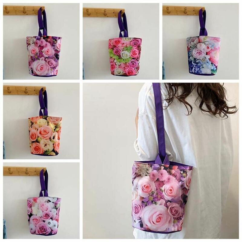 Bolsa de cubo con estampado de flores rosas, bolso de mano portátil para mamá, bolso de compras de gran capacidad, bolso de mano de lona para mujer y Niña