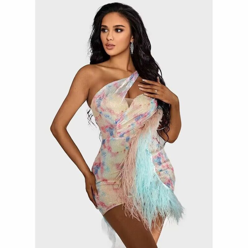 Evening Dress Summer Women Colorful Shinning Sequines Women Sexy One Shoulder Bodycon Mini Dress Feathers Luxury Communion Dress