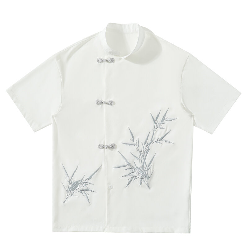 Camisa de manga corta con bordado de bambú para hombre, ropa de calle holgada, estilo coreano, Túnica informal, M-5XL grande, 2024