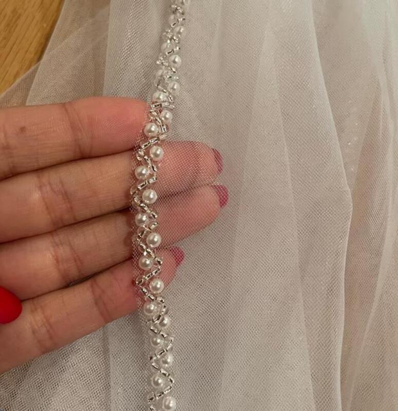 1 Tier Hochzeit Schleier Elegante Perlen Kristall Perlen Rand Schleier Weiß Elfenbein Lange Braut Schleier Mit Kamm Nach Delicate Kathedrale schleier