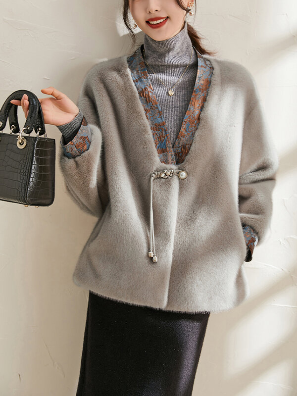 Vネック,毛皮の統合コート,ナショナルスタイル,秋冬を備えたミンクの毛皮のオーバーコート