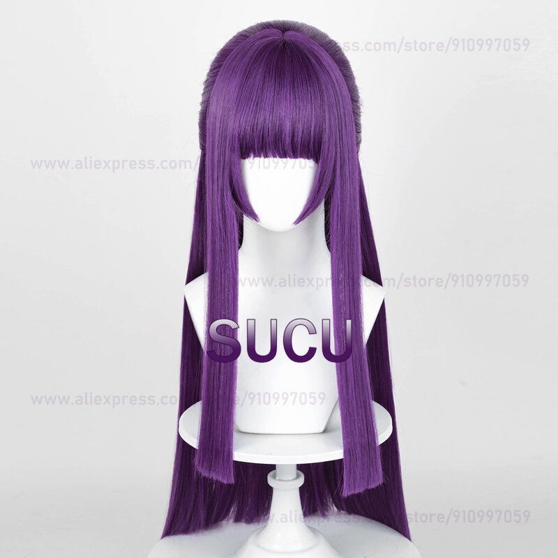 Anime Fern Cosplay Perruque avec Bonnet, Cheveux Lisses Violets, Perruques Synthétiques Halloween Heat Degré, 80cm