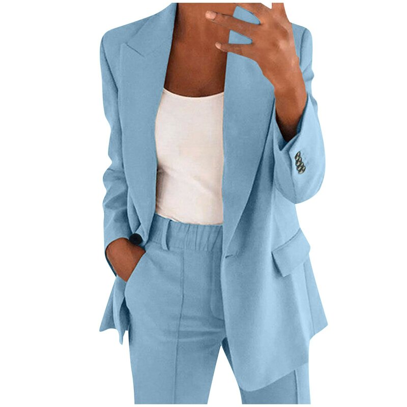 Setelan jas kerja bisnis wanita, 2 potong celana panjang kancing tunggal lengan panjang + celana panjang kaki lebar mantel Blazer ramping