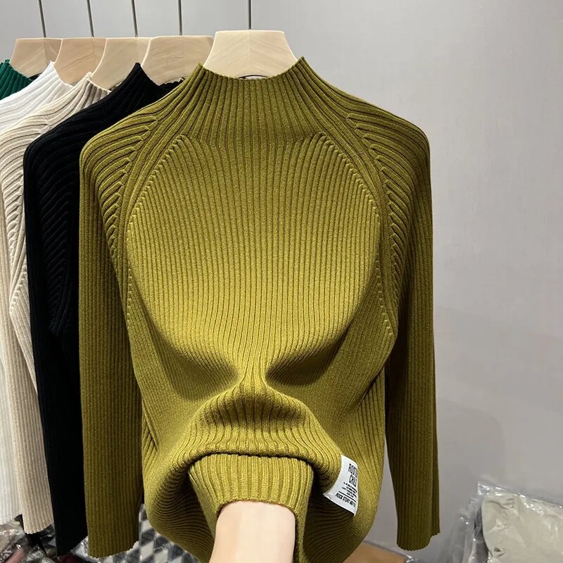 Sweter rajut lengan panjang wanita, Sweater rajut setengah Turtleneck lengan panjang, Pullover Bottoming musim gugur musim dingin