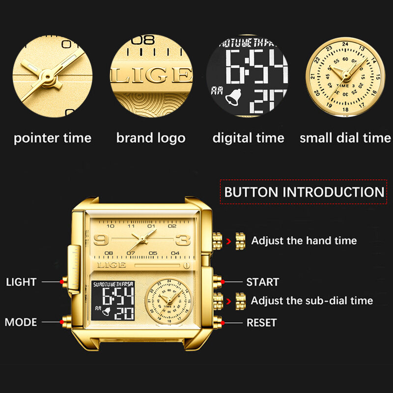 Lige 2023 Nieuwe Dual Display Horloge Voor Heren Topmerk Luxe Vierkant Digitaal Horloge Heren Mode Sport Waterdicht Horloge Montre Homme