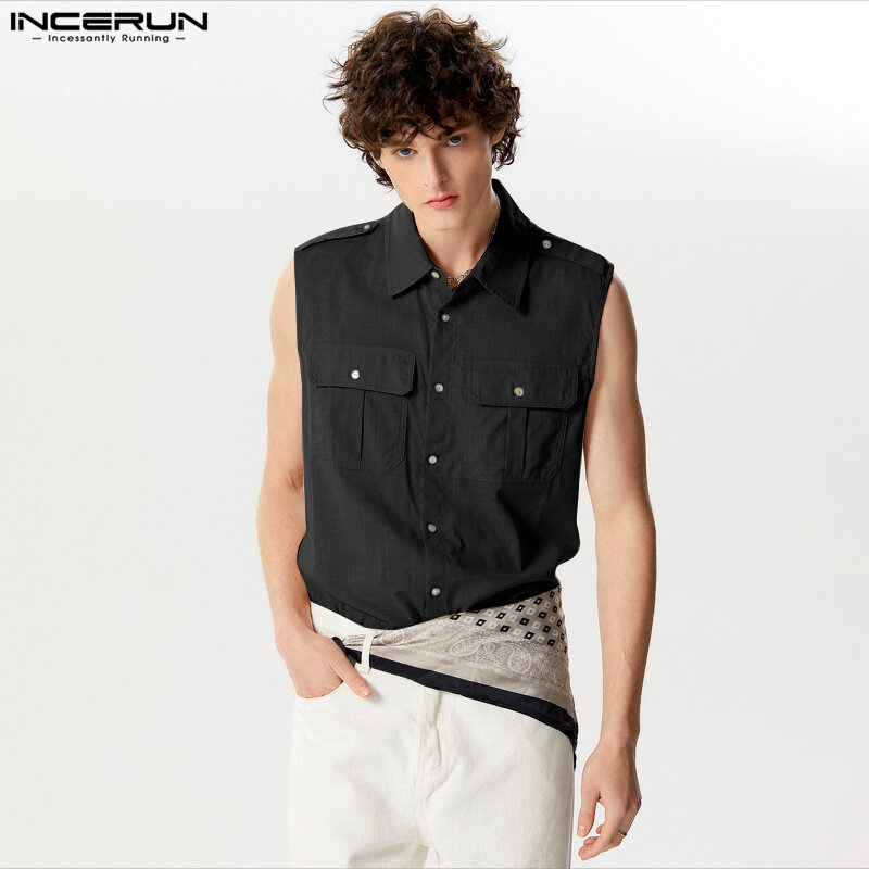 INCERUN Men Shirt Solid Color Lapel Sleeveless Button Summer Casual Men Clothing Cotton Streetwear 2024 Breathable Camisas S-5XL