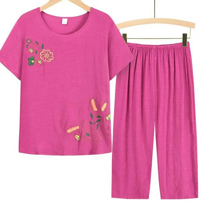 Pyjama imprimé floral pour femmes, ensemble de 2 pièces, manches courtes, col rond, taille élastique, pour maman d'âge moyen