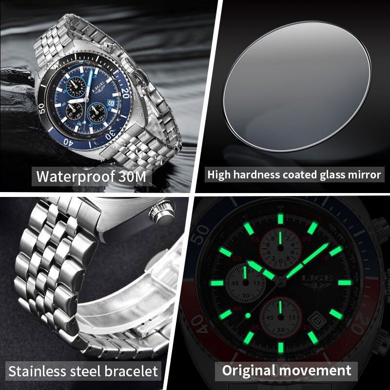 LIGE jam tangan Stainless Steel pria, arloji olahraga konograf Quartz 2023 untuk lelaki