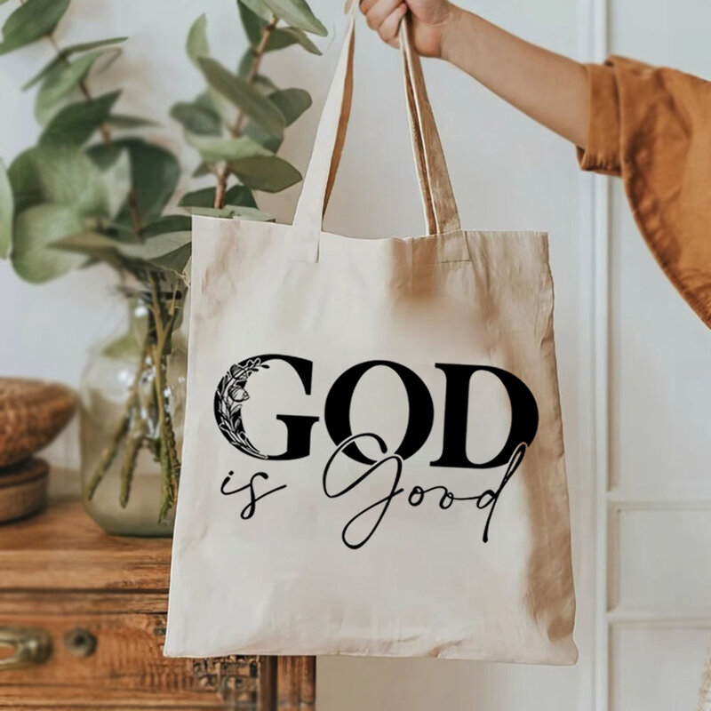 God is Good Love All Time Tote Bag Elegant Christian Quotes Print Ladies Shoulder Bag Boho Bible Verse Large Capacity Canvas Bag