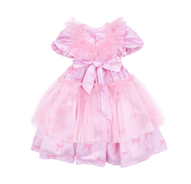 New 2024 Korea Bebe Summer Girls Princess Dress Kids Pink Clothes Children Hair Band Girls Party Dress Child Birthday Clothes