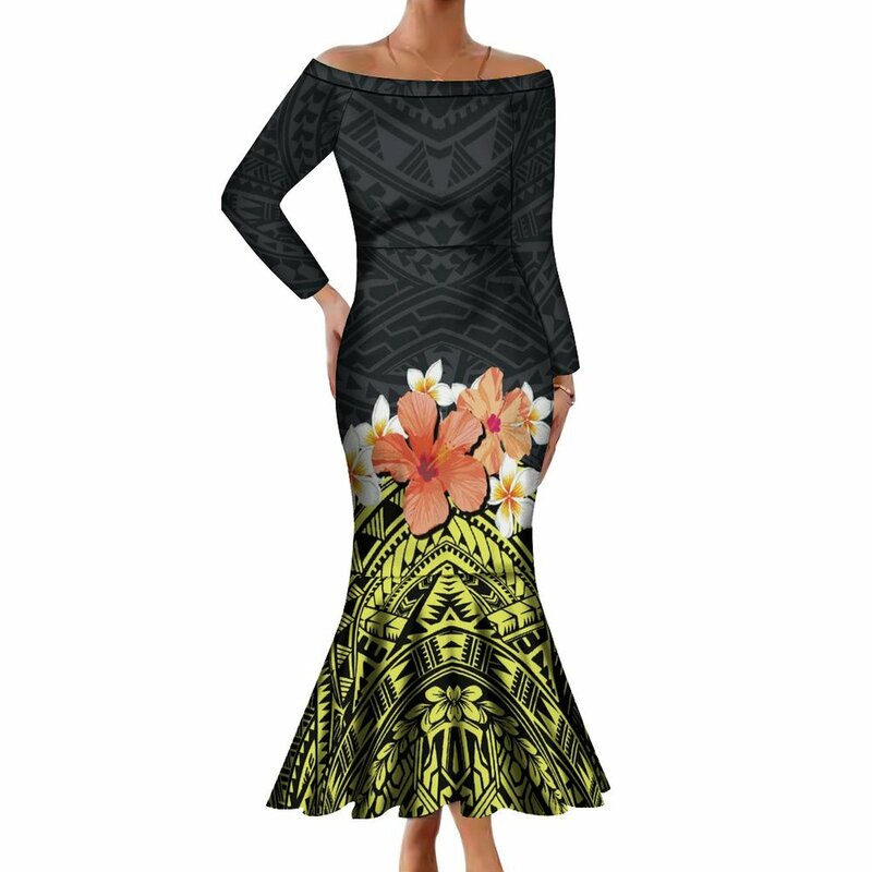 Polinezyjska kwiecista sukienka damska na zamówienie, nowa linia na ramię z długim rękawem miękka i wygodna tkanina elegancka sukienka