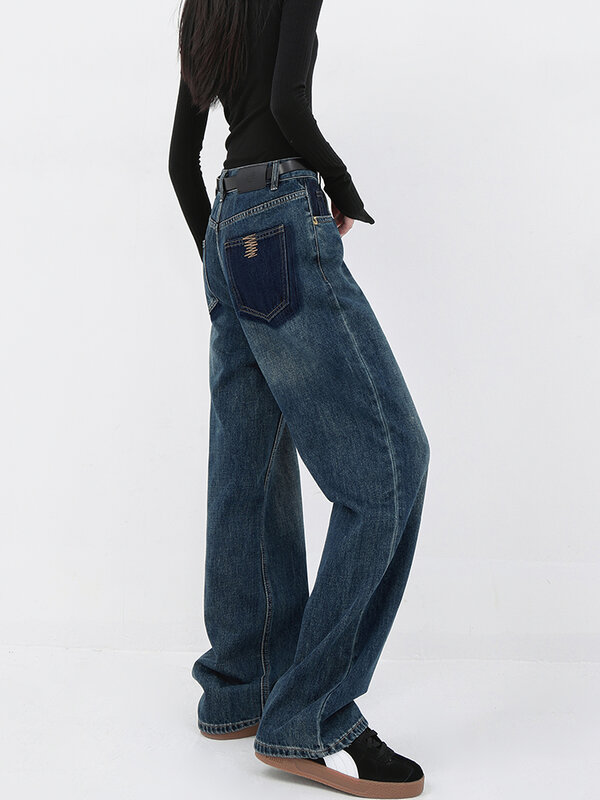 Летние Новые мешковатые широкие джинсы Y2k, женские винтажные уличные брюки из денима с эффектом потертости, повседневные Универсальные Длинные брюки