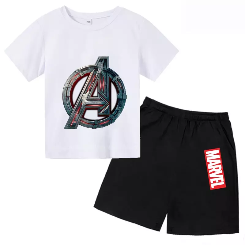 Cool Marvel Avengers Cartoon Design Kids' T-shirt and Shorts Set - Stylish and Refreshing for Boys & Girls' Summer Outdoor Fun