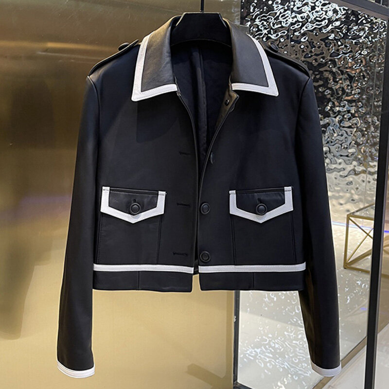 2023 Women's Genuine Sheepskin Leather Jackets Lady Turn Down Collar Leather Coats Rivet Motorcycle Biker Jackets TF4801