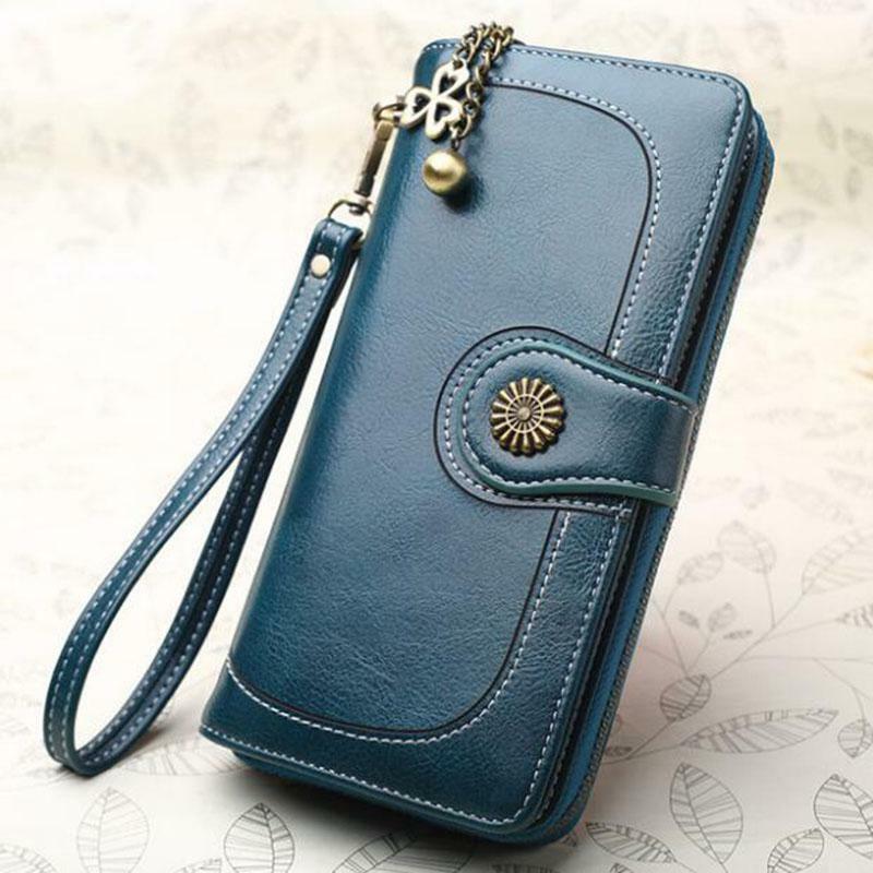 Portfel damski luksusowy długi niebieski sprzęgło skórzana portmonetka kobieta portfele na zamek błyskawiczny Lady torebki Wristle portfel monety karty Holder