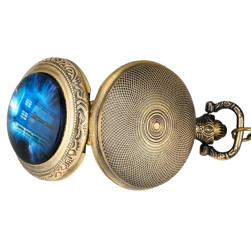 Anime Clock Bronze Medium Size Blue Telephone Booth Pendant Quartz Pocket Watch Cosplay Gifts for Fans with 80cm Necklace Chain