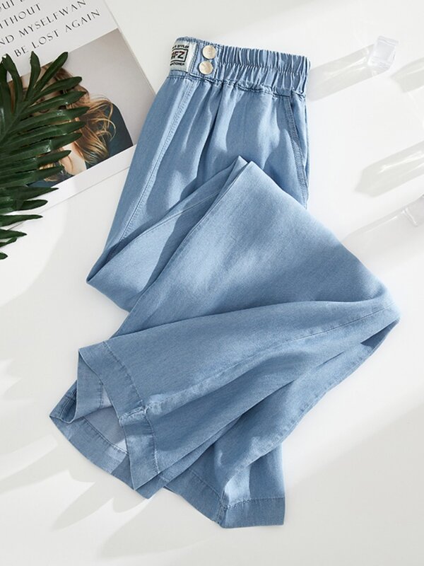 Pantalones vaqueros finos para mujer, Pantalón elástico de cintura alta, pierna ancha, color azul, estilo coreano, de gran tamaño, novedad de verano 2023