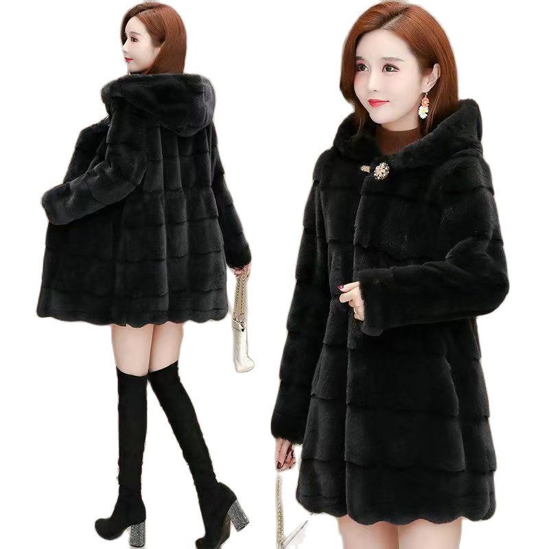 New Winter Haining Fur Resemble Martenvelvet  Female Casual Fashion Long Slim Loose Hooded Temperament Warm Coat Female.