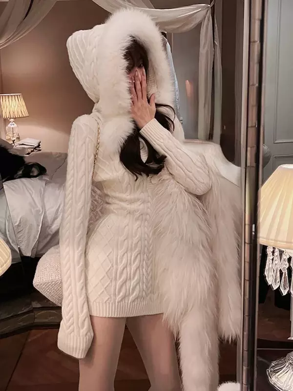 2023 Winter Strick pullover Kleid mit Kapuze Frauen schlanke Bodycon y2k Mini kleid Kunst pelz weiblich einteiliges Kleid koreanisch elegant