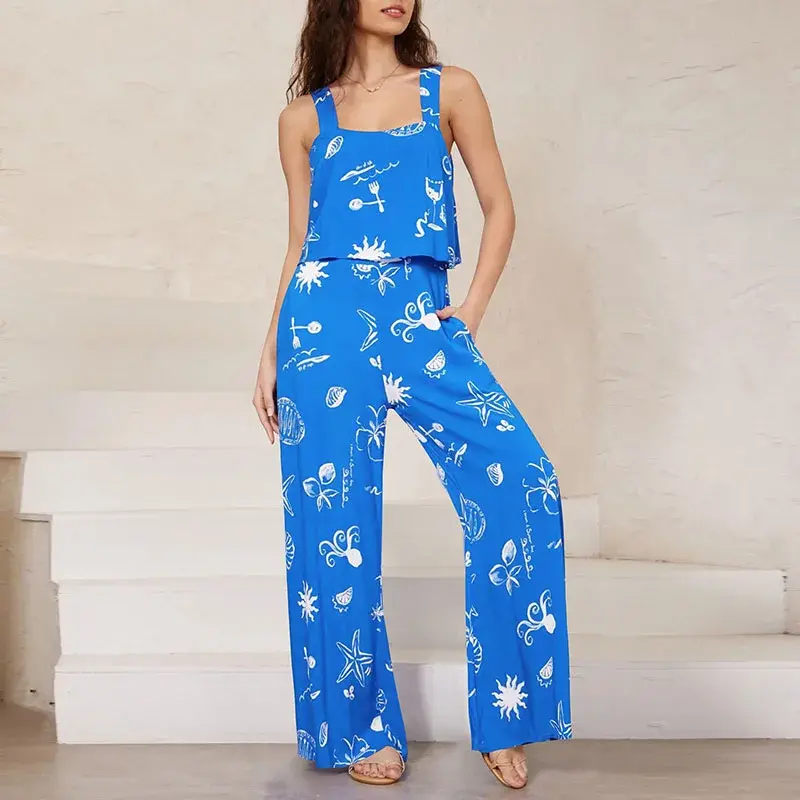 Summer Lady Commute Straight Long Pants Jumpsuits Fashion Printing Sleeveless Elastic Waist Sling Trousers Female Party Rompers