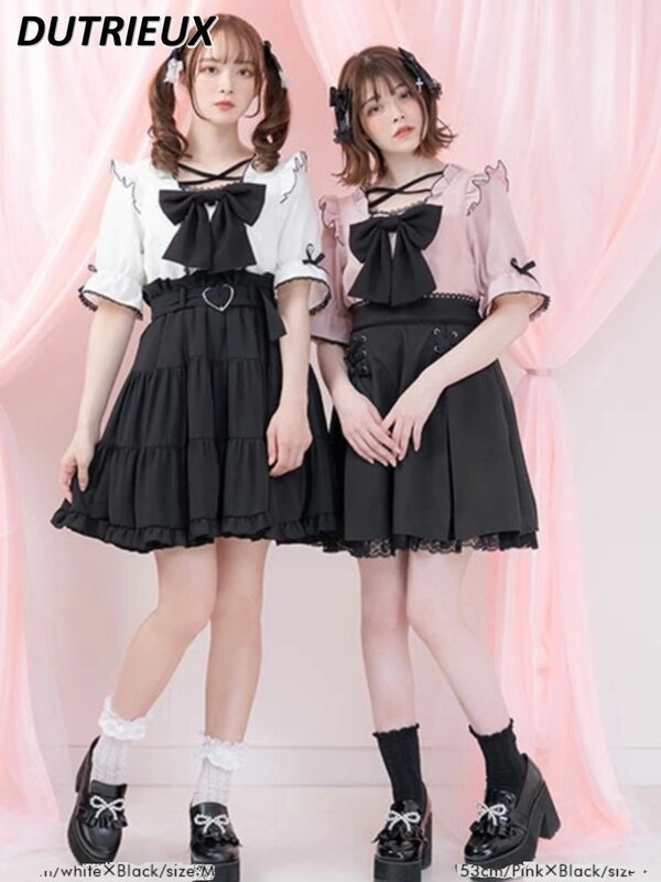Mine Japanese Lolita Bowknot Short Sleeve Shirt Top Female Sweet Ruffled Square Collar Camisas De Mujer Summer Blouses Women
