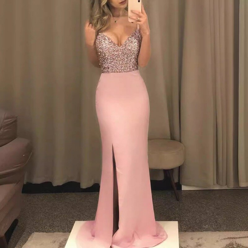 Ball Prom Formal Dresses Bridesmaid Womens Wedding Party Long Gown Evening Sexy Suspender Sequin Backless Dress