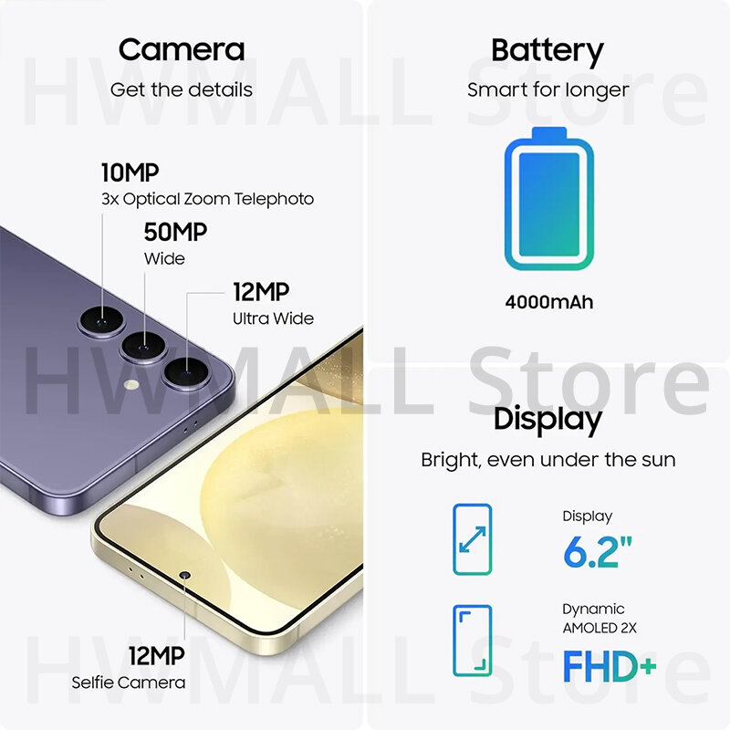 Samsung-Smartphone Galaxy S24 Snapdragon 8 Gen 3, 6,2 ", 120Hz, Pantalla AMOLED 2X, cámara Triple de 50MP, Android 14, S24 AI, 2024