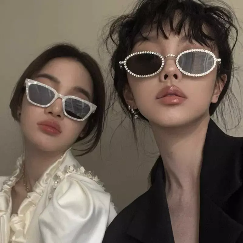 Gafas De Sol ovaladas con diamantes para mujer, lentes pequeños De marca De lujo, decoración De tendencia De Metal japonés y coreano, novedad
