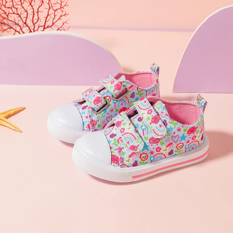 Sepatu kanvas bayi perempuan, sneaker olahraga tumit datar nyaman kasual kanvas anak laki-laki dan perempuan
